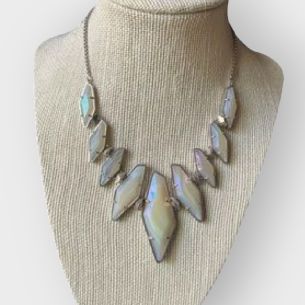 Kendra Scott Berniece Collar Necklace 17’ Adjustable Silver Pl Iridescent White